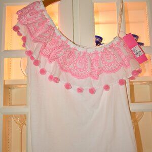 Lilly Pulitzer White Off-Shoulder Top with Pink Embroidery and Pom Poms